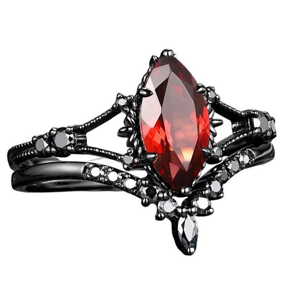 2 piece Marquise Cut Ruby and Moissanite Engagement Wedding Ring Set in Rhodium - Picture 5 of 5